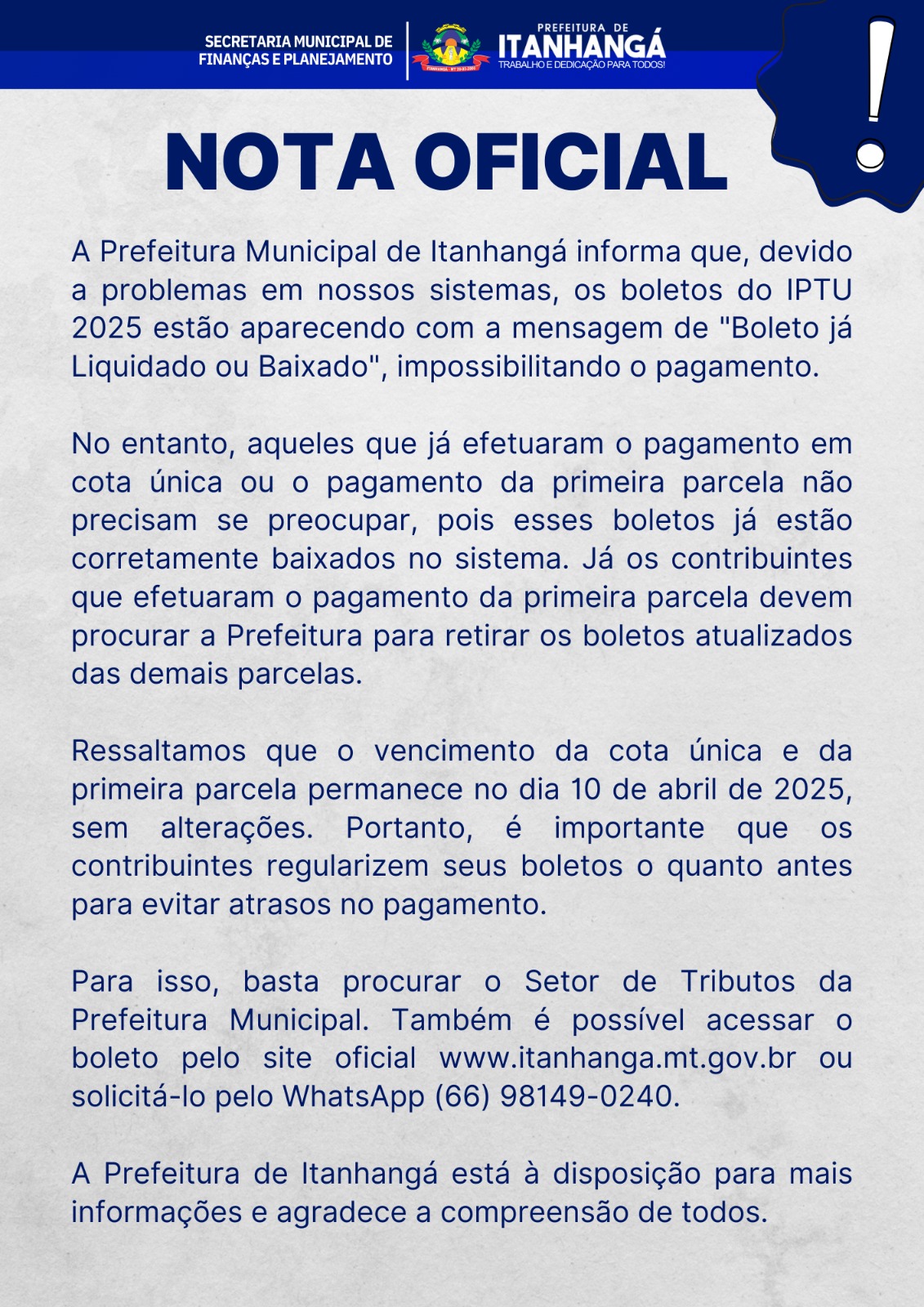 ITANHANGÁ-MT: A prefeitura Municipal de Itanhangá Informa aos contribuintes problemas no sistema do boleto do IPTU