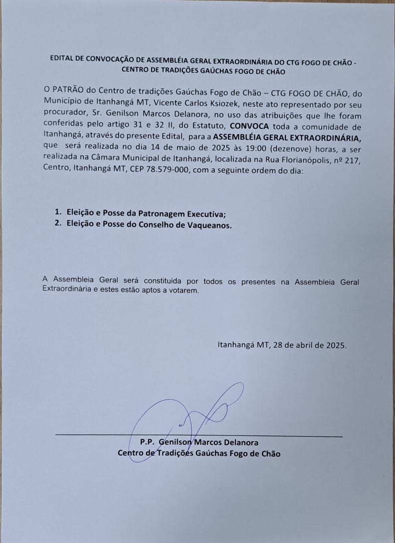 CTG Fogo de chão convoca para Assembleia Geral Extraordinária.