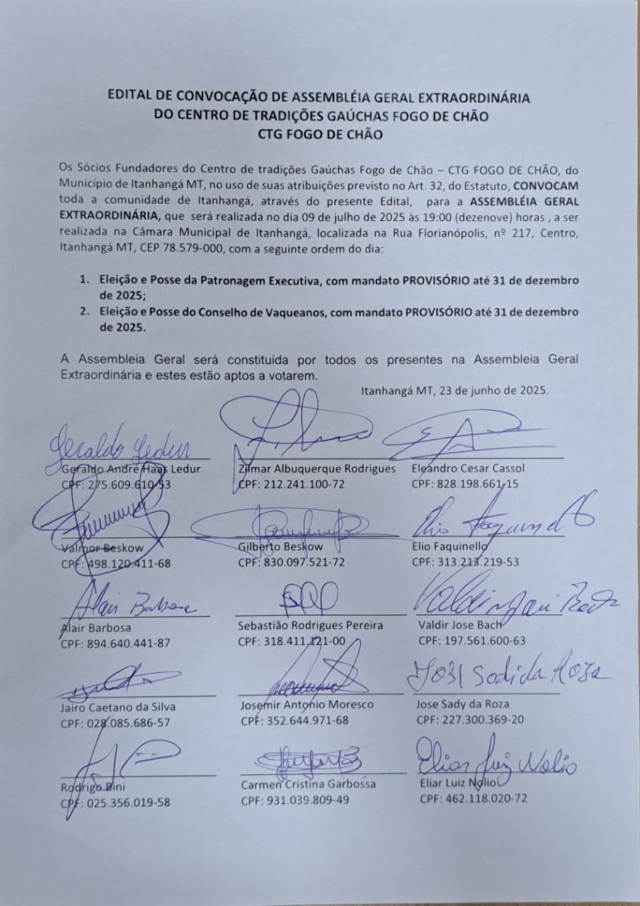Itanhangá-MT: EDITAL DE CONVOCAÇÃO DE ASSEMBLÉIA GERAL EXTRAORDINARIA