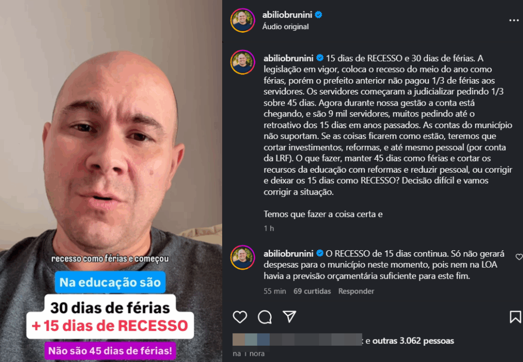 “O orçamento do município não comporta”, diz Abilio ao justificar corte no terço de férias