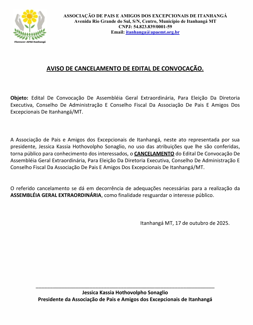 Itanhangá-MT: Aviso de Cancelamento de Edital de Convocação