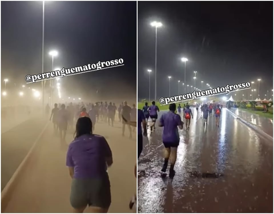 Ventania atinge parque durante corrida, arrasta brinquedo e assusta participantes; vídeo