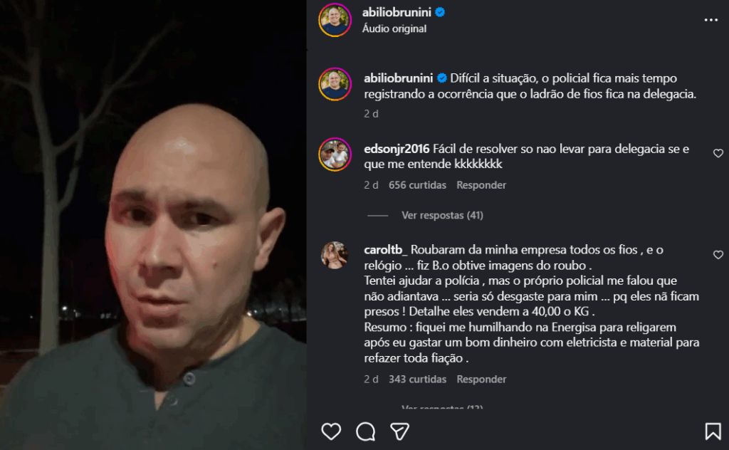 Abilio denuncia furto repetido de fiação no Parque das Águas e culpa Lula por avanço da criminalidade