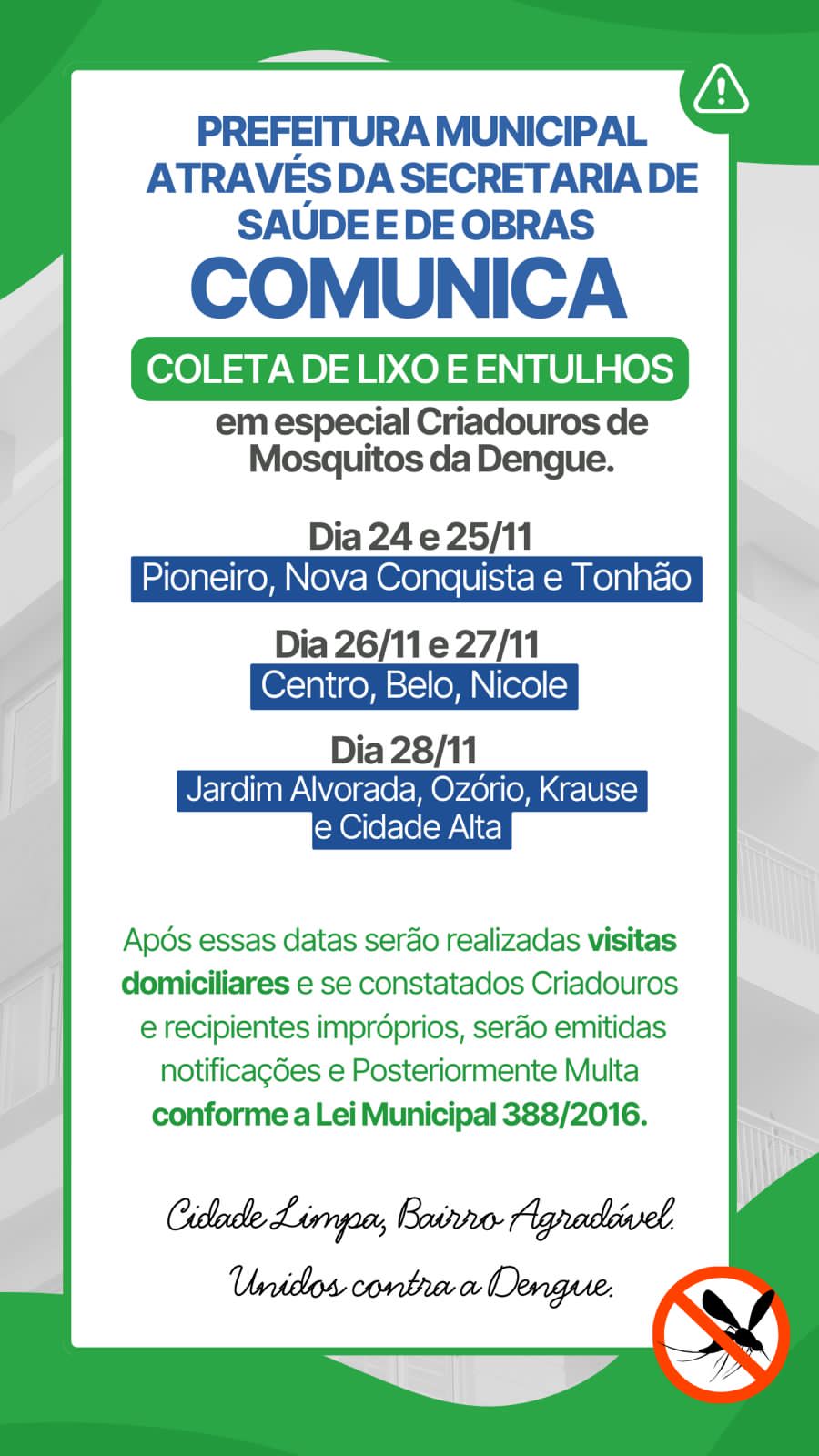 Itanhangá-MT: Prefeitura anuncia mutirão de limpeza para eliminar focos da dengue em vários bairros