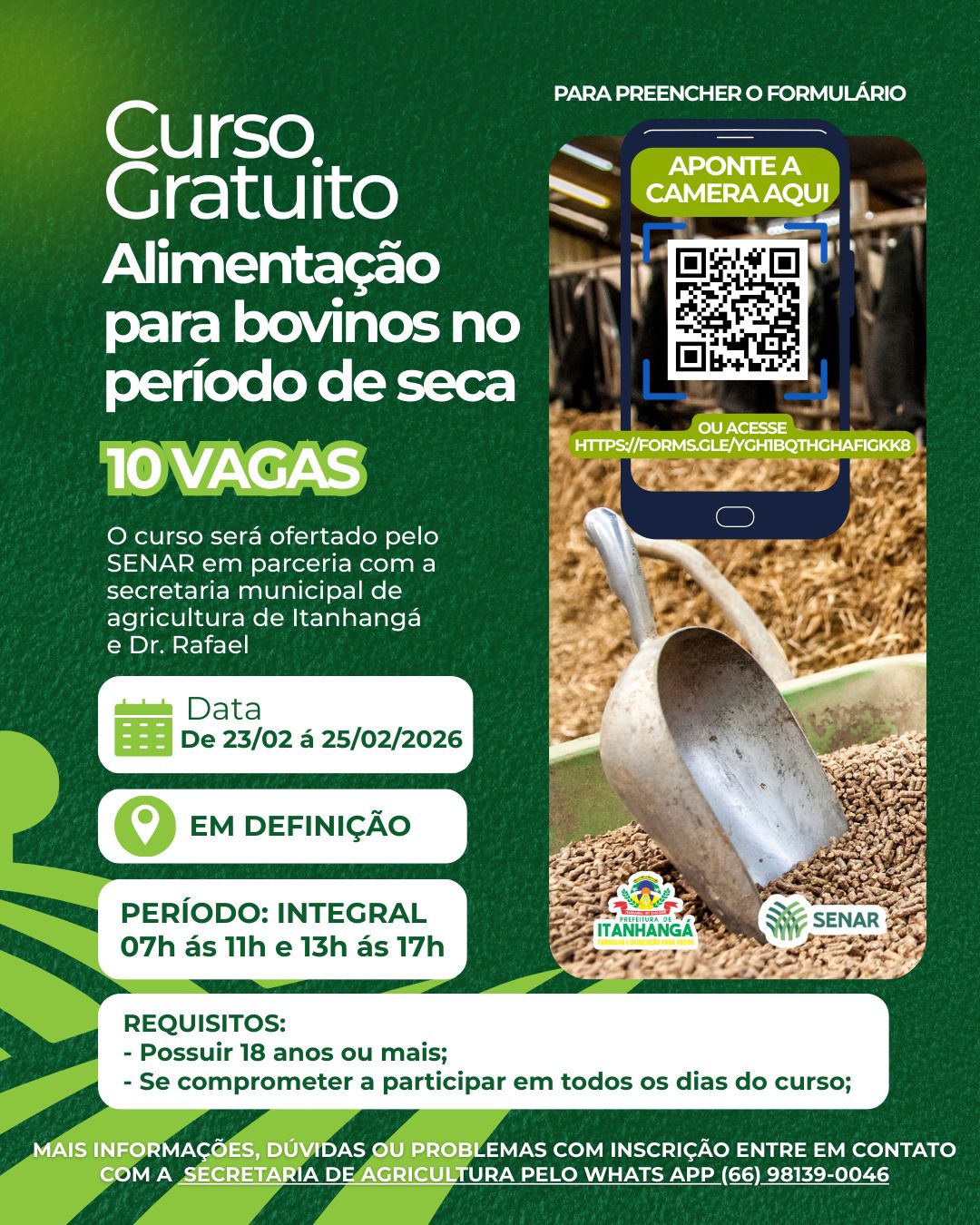 Itanhangá-MT: Prefeitura oferece cursos gratuitos na área agropecuária com vagas limitadas