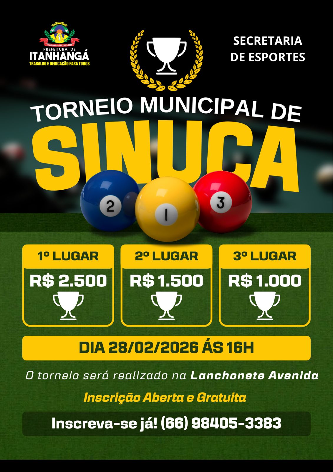 Itanhangá-MT: Grande Torneio Municipal de Sinuca será realizado no dia 28 de fevereiro em Itanhangá