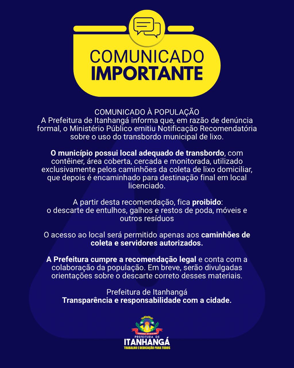 Prefeitura de Itanhangá reforça regras para uso do transbordo municipal de lixo