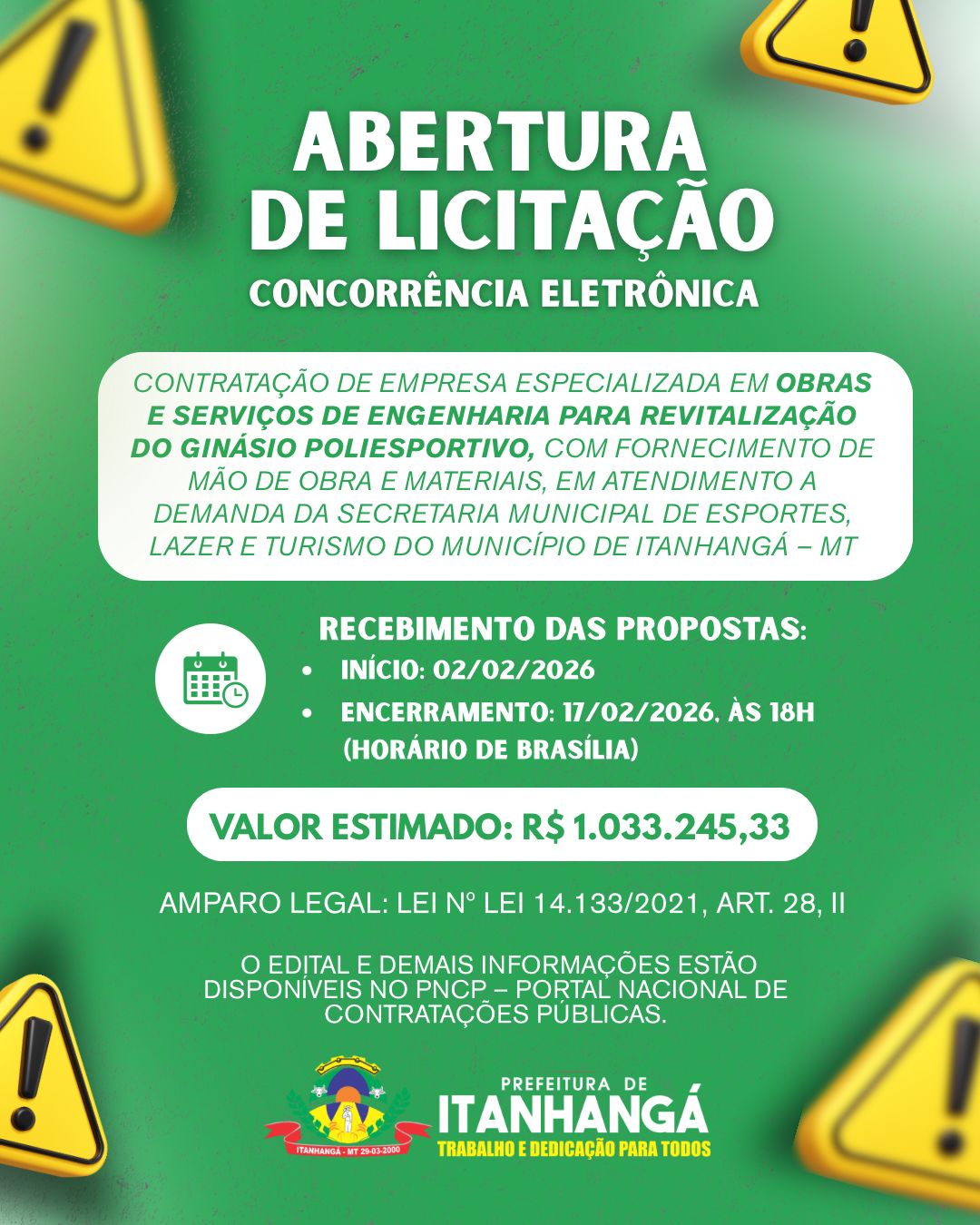 Itanhangá-MT: Prefeitura de Itanhangá abre concorrência eletrônica para obras na área de esportes e lazer