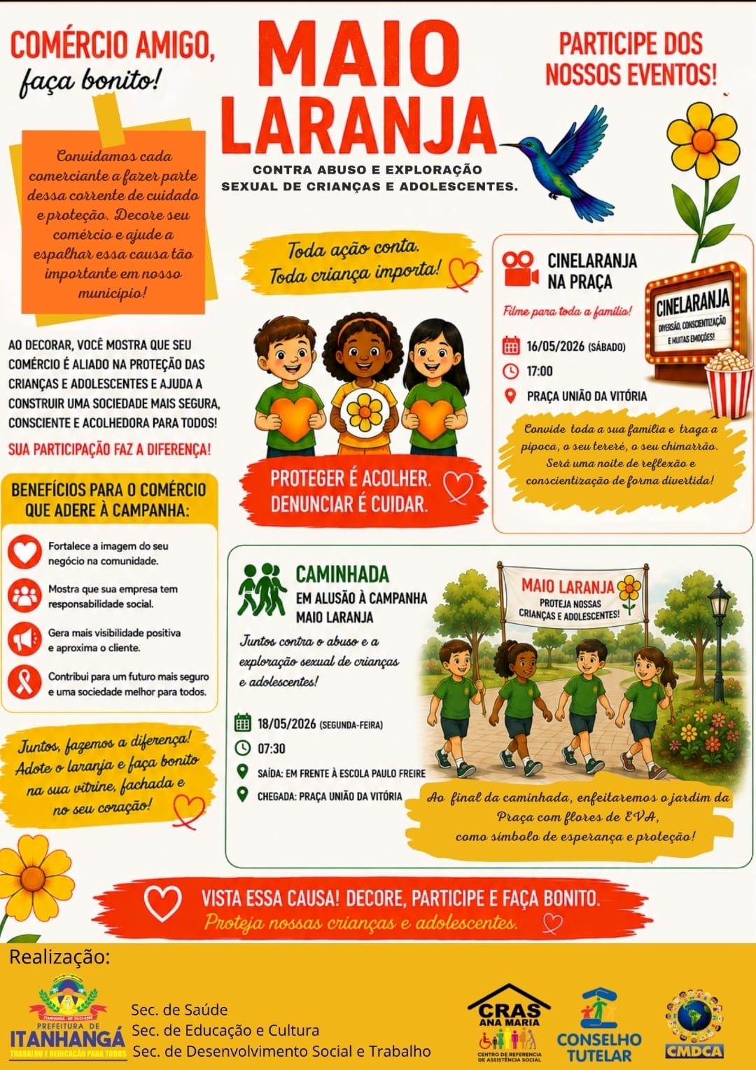 Itanhangá-MT: Prefeitura promove ações do Maio Laranja com CineLaranja e caminhada de conscientização