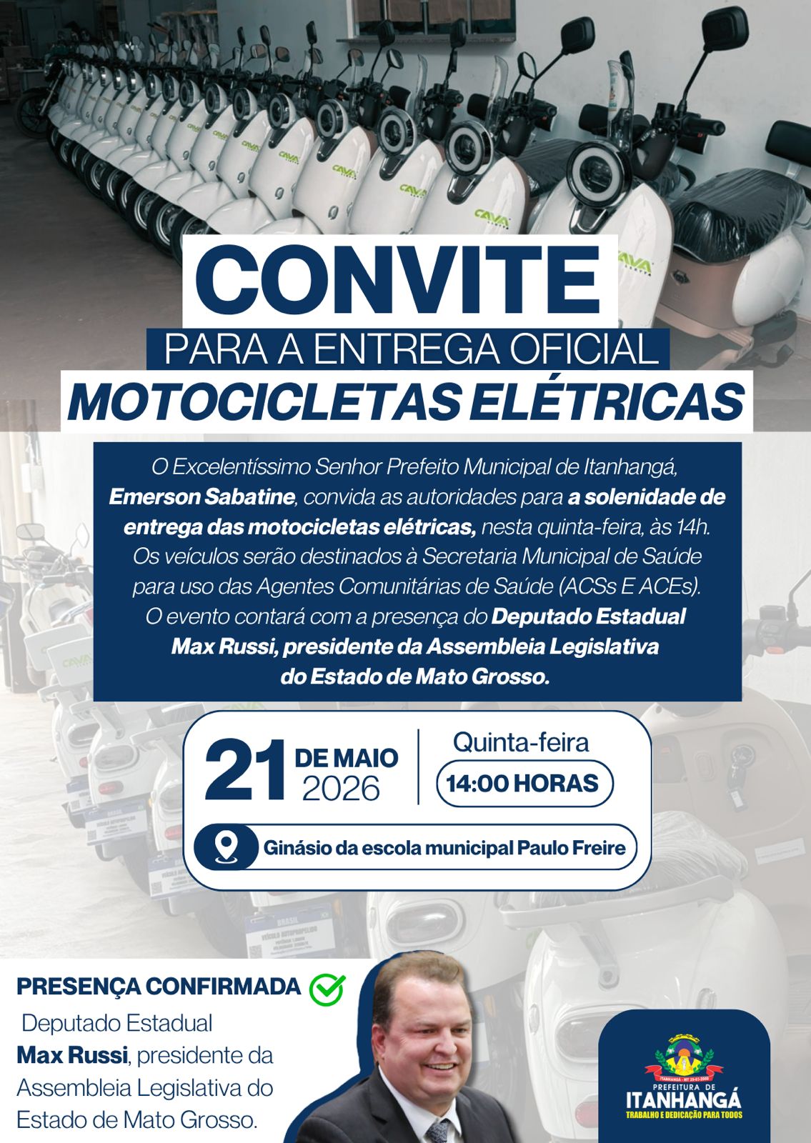 Itanhangá-MT: Prefeito Emerson Sabatine convida autoridades para entrega oficial de motocicletas elétricas em Itanhangá