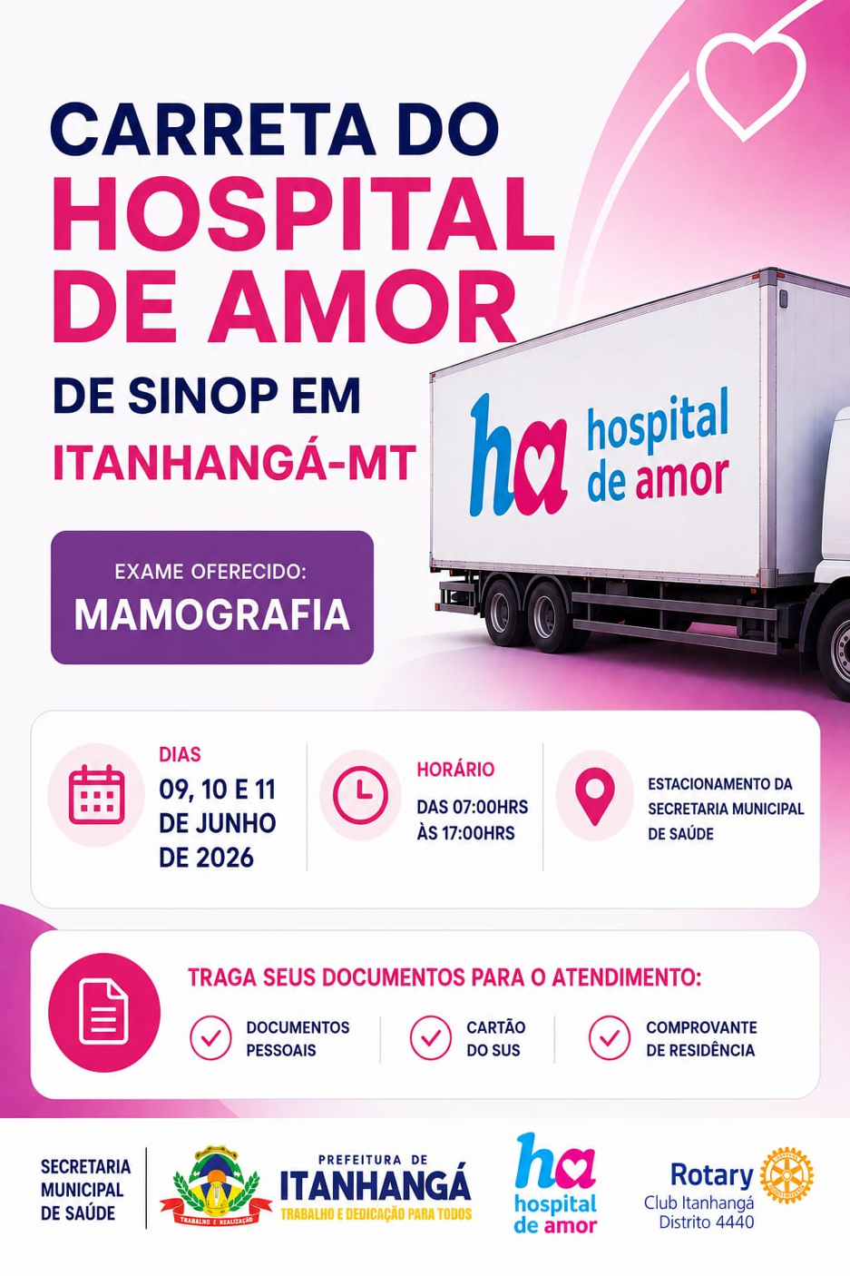 Itanhangá-MT: Mutirão de Mamografias será realizado em Itanhangá em parceria com Hospital de Amor e Rotary Club