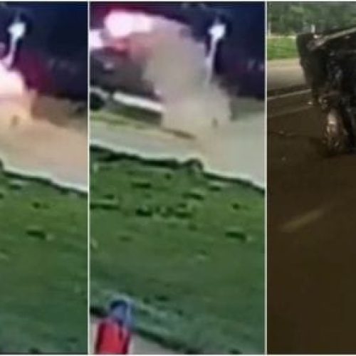 BMW em alta velocidade ‘voa’ ao subir em canteiro e capota várias vezes; veja vídeo