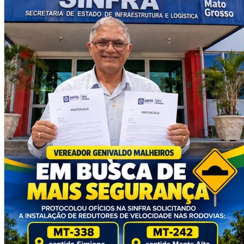 Itanhangá-MT: Vereador Genivaldo Malheiros protocola ofícios na SINFRA solicitando melhorias na segurança viária em Itanhangá