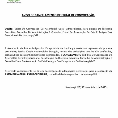 Itanhangá-MT: Aviso de Cancelamento de Edital de Convocação