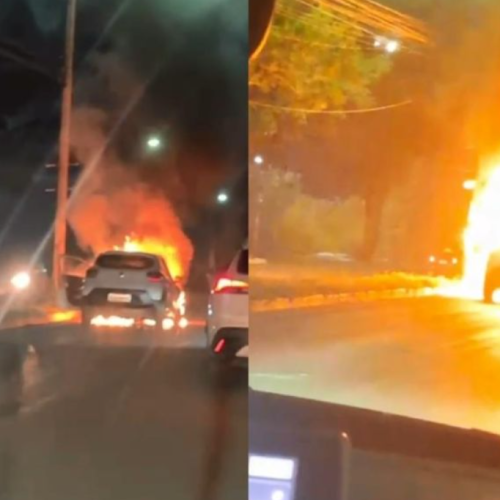 Carro é tomado por fogo em avenida de Cuiabá; veja vídeo