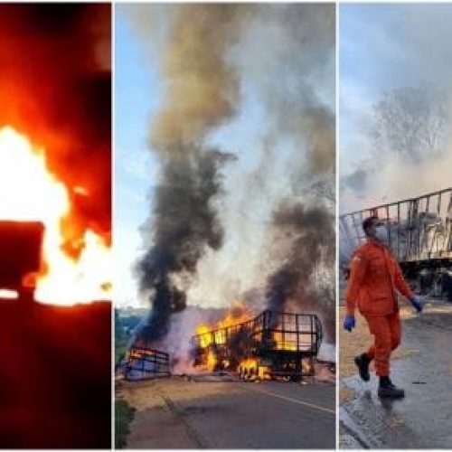 Colisão entre carretas provoca explosão e mata um motorista na rodovia BR-174; veja vídeos
