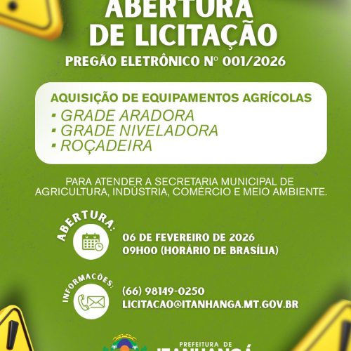Itanhangá-MT:  Prefeitura abre licitação para compra de equipamentos agrícolas