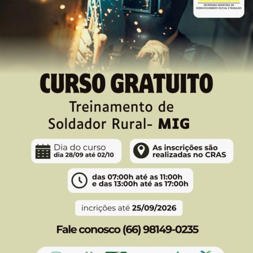 Itanhangá oferece curso gratuito de Soldador Rural – MIG; inscrições seguem até 25 de setembro