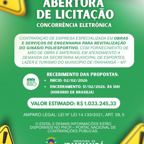 Itanhangá-MT: Prefeitura de Itanhangá abre concorrência eletrônica para obras na área de esportes e lazer