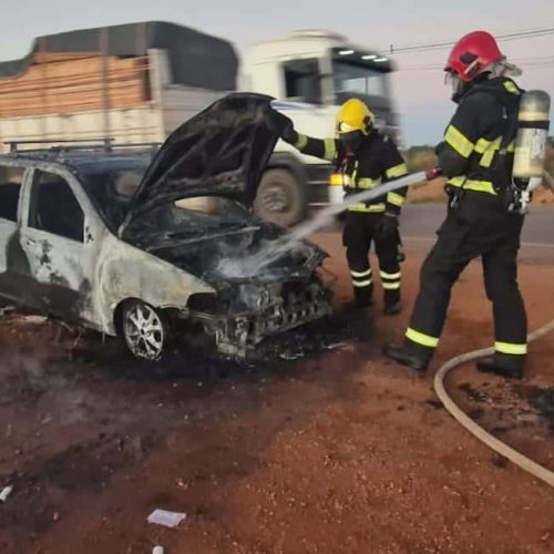 Carro pega fogo e fica destruído na BR-163 em Sinop