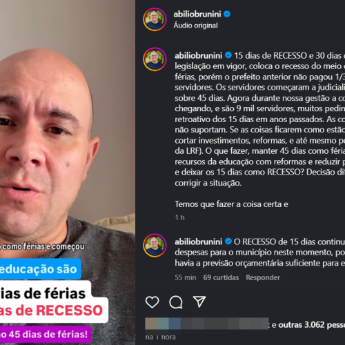 “O orçamento do município não comporta”, diz Abilio ao justificar corte no terço de férias
