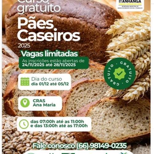  Itanhangá-MT: Municipio oferece nova oportunidade de capacitação na área de panificação artesanal