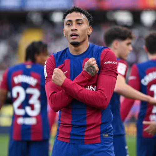 BARCELONA, SPAIN - FEBRUARY 24: Rafinha of FC Barcelona celebrates their team's first goal during the LaLiga EA Sports match between FC Barcelona and Getafe CF at Estadi Olimpic Lluis Companys on February 24, 2024 in Barcelona, Spain. (Photo by David Ramos/Getty Images)