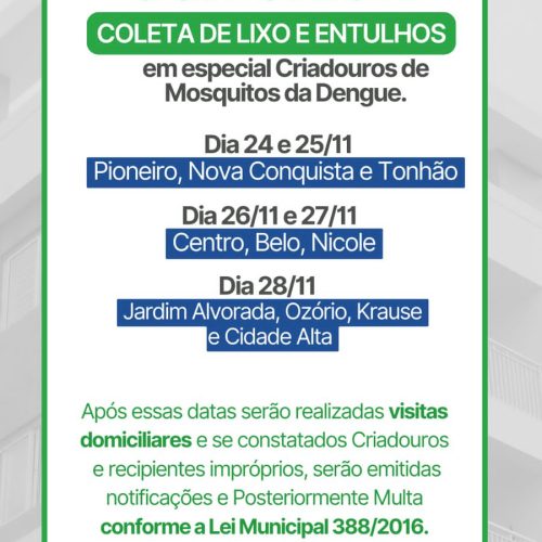 Itanhangá-MT: Prefeitura anuncia mutirão de limpeza para eliminar focos da dengue em vários bairros