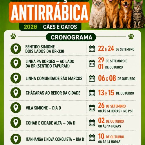 Prefeitura de Itanhangá divulga cronograma da campanha de vacinação antirrábica para cães e gatos em 2026