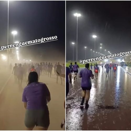 Ventania atinge parque durante corrida, arrasta brinquedo e assusta participantes; vídeo