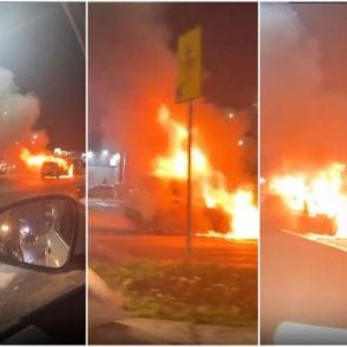 Vídeo mostra carro sendo consumido por fogo em avenida de Cuiabá; veja