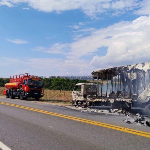 Corpo de Bombeiros combate incêndio em caminhão e em área de vegetação