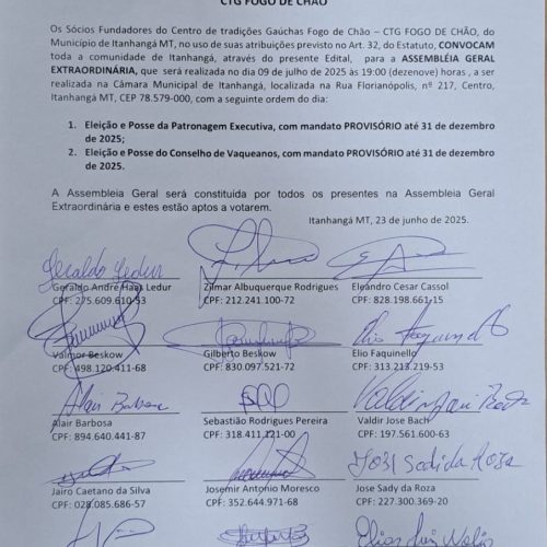 Itanhangá-MT: EDITAL DE CONVOCAÇÃO DE ASSEMBLÉIA GERAL EXTRAORDINARIA