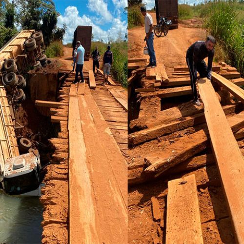 Sorriso: Carreta cai de ponte do “Corgão” e parte da ponte de madeira é danificada; Ponte servia para escoar a produção de grãos