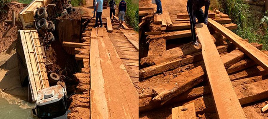 Sorriso: Carreta cai de ponte do “Corgão” e parte da ponte de madeira é danificada; Ponte servia para escoar a produção de grãos